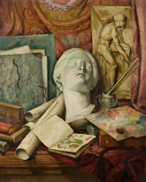 Nature morte, Statue, tête de femme, palette et livres