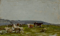 Petit Paysage avec vaches et mouton