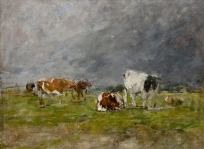 Vaches au pré, orage à droite