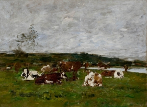 Vaches dans un pré et ciel gris