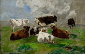 Sept Vaches dans un pré, ciel orageux