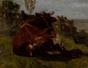 Paysage : vache rousse couchée