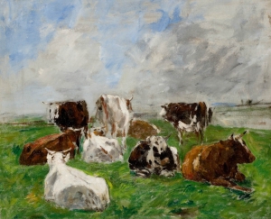 Huit Vaches dans un pré, ciel gris et bleu