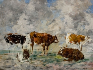 Cinq Vaches dans un pré, ciel orageux