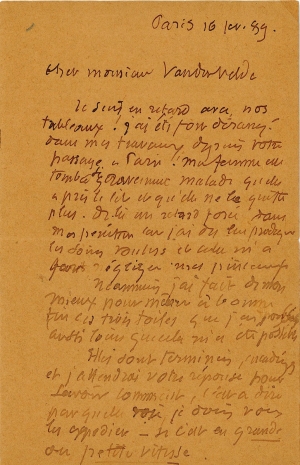 Lettre de Eugène Boudin à Pieter van der Velde, 16 février 1889
