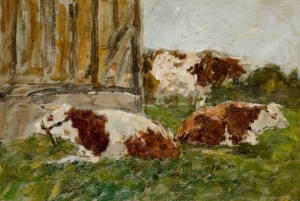 Etude de trois vaches auprès d'un bâtiment
