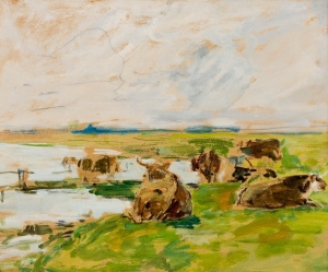 Vaches couchées près d'une mare, ciel clair