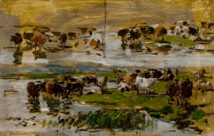 Etude de vaches sur deux rangs près de l'eau