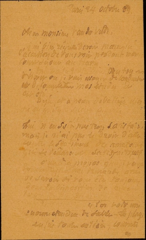Lettre de Eugène Boudin à Pieter van der Velde, 24 octobre 1889