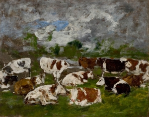 Groupe de vaches tachées de blanc
