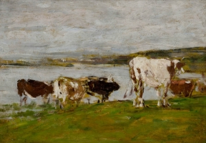 Plusieurs vaches au bord de l'eau, ciel gris