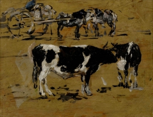 Etude de deux vaches et une charrette attelée